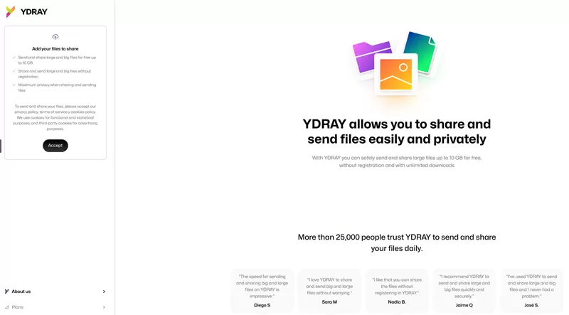 网站推荐:YDRAY 文件传输(一款发送、传输和分享大文件的网站。支持最大 10GB 的文件传输，且完全免费)