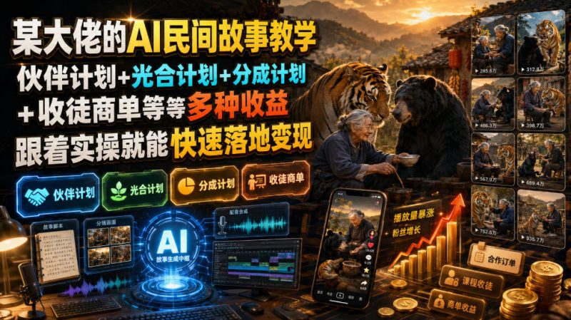 某大佬的AI民间故事教学,伙伴计划+光合计划+分成计划+收徒商单等多种收益,跟着实操就能快速落地变现-大梨网创