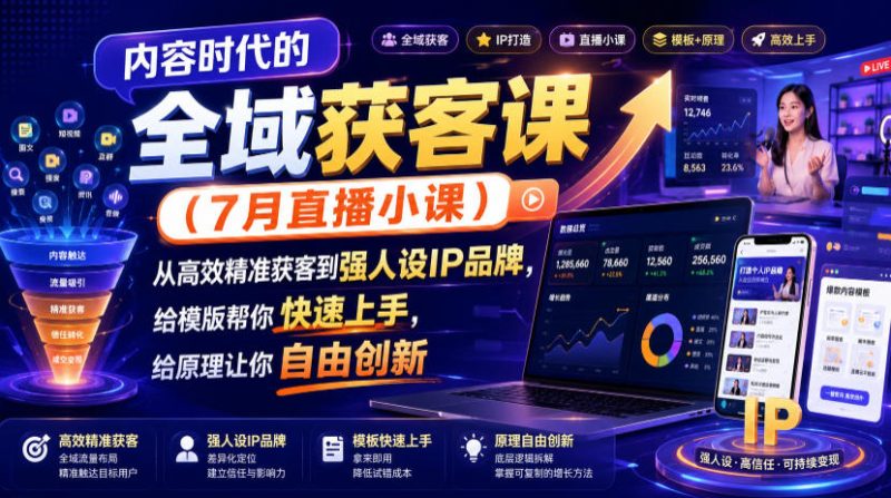 内容时代的全域获客课(7月直播小课),从高效精准获客到强人设IP品牌,给模版帮你快速上手,给原理让你自由创新-大梨网创