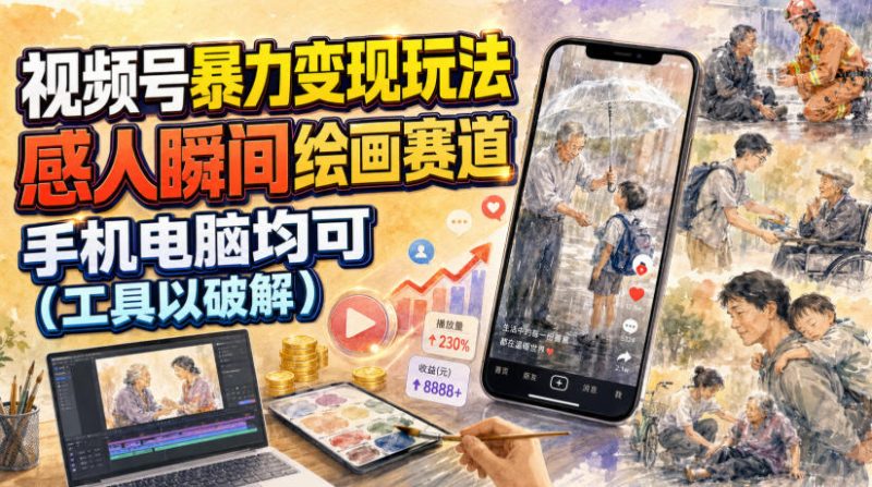 视频号暴力变现玩法,感人瞬间绘画赛道,手机电脑均可-大梨网创
