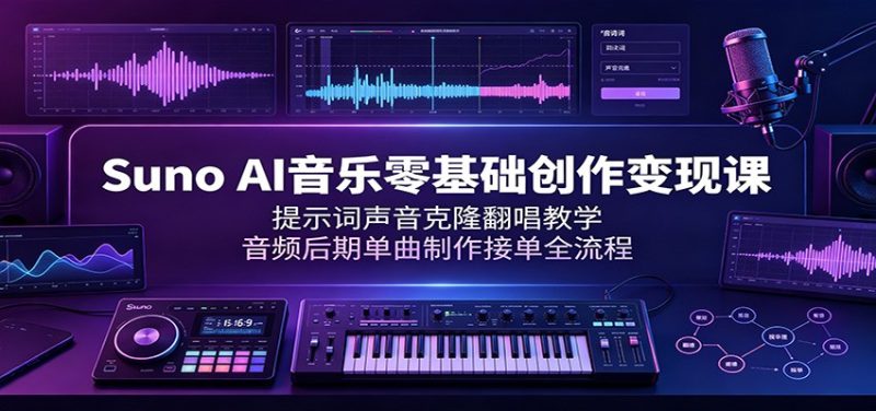 Suno AI音乐零基础创作变现课:提示词声音克隆翻唱教学,音频后期单曲制作接单全流程-大梨网创