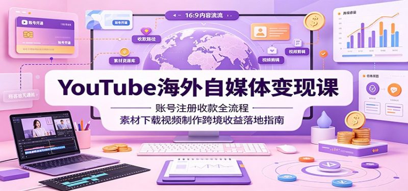 YouTube海外自媒体变现课:账号注册收款全流程,素材下载视频制作跨境收益落地指南-大梨网创