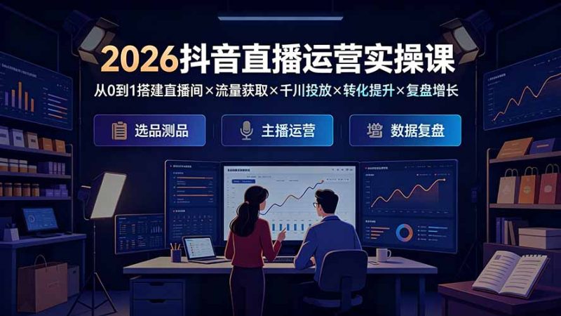 2026抖音直播运营实操课:从0到1搭建直播间×流量获取×千川投放×转化提升×复盘增长,系统掌握完整闭环-大梨网创