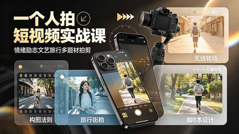 一个人拍短视频实战课:情绪励志文艺旅行多题材×五大景别×黄金构图×八大运镜,从拍摄到成片高效创作-大梨网创