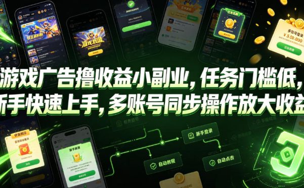 游戏广告撸收益小副业,任务门槛低,新手快速上手,多账号同步操作放大收益