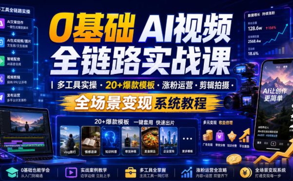 0基础AI视频全链路实战课|多工具实操・20+爆款模板・涨粉运营・剪辑拍摄・全场景变现系统教程