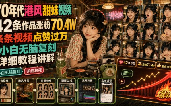 70年代港风甜妹视频,42条作品涨粉70.4W,条条视频点赞过万,小白无脑复刻,详细教程讲解