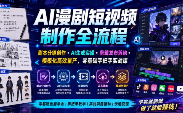 AI漫剧短视频制作全流程|剧本分镜创作・AI生成实操・剪辑发布落地・模板化高效量产,零基础手把手实战课