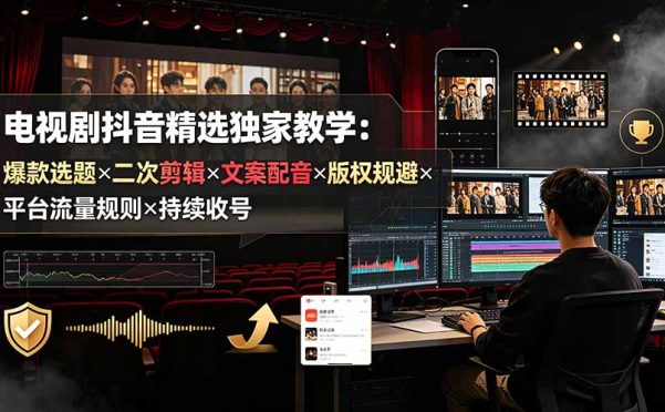电视剧抖音精选独家教学:爆款选题×二次剪辑×文案配音×版权规避×平台流量规则×持续收益账号