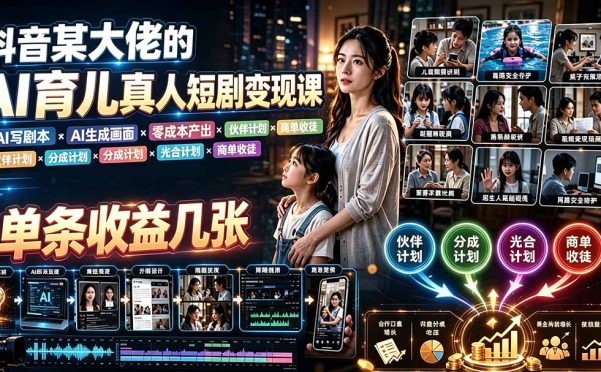 AI育儿真人短剧变现课:AI写剧本×AI生成画面×零成本产出×伙伴计划×分成计划×光合计划×商单收徒