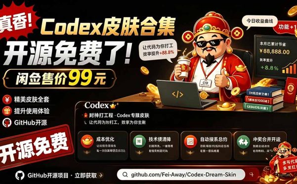 闲鱼售卖99元的Codex皮肤包,GitHub 免费开源了!让你的codex变成精美界面 Codex Dream Skin
