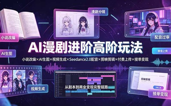 AI漫剧进阶高阶玩法:小说改编×AI生图×视频生成×Seedance2.0配音×剪映剪辑×付费上传×接单变现