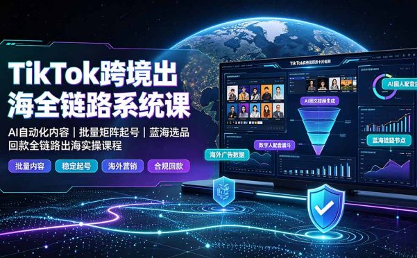 TikTok跨境出海全链路系统课-2026年7月:AI自动化内容|批量矩阵起号|蓝海选品回款全链路出海实操课程
