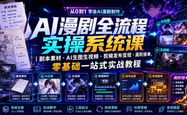 AI漫剧全流程实操系统课|剧本素材・AI生图生视频・剪辑发布变现・高阶接单,零基础一站式实战教程