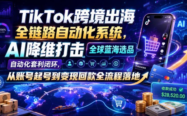 TikTok跨境出海全链路自动化系统,AI降维打击全球蓝海选品自动化套利闭环,从账号起号到变现回款全流程落地(2026年7月)