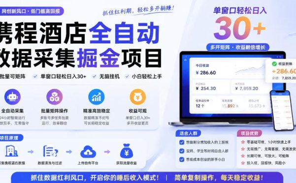 携程酒店全自动采集项目,全程自动浏览,可批量矩阵放大,单机日收300+【揭秘】