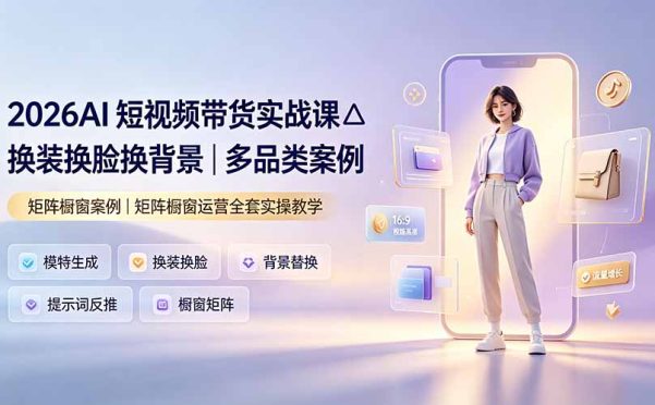 2026AI短视频带货实战课△换装换脸换背景|多品类案例|矩阵橱窗运营全套实操教学