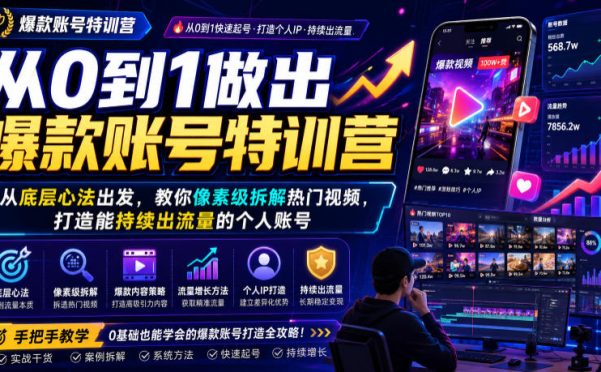 从0到1做出爆款账号特训营,从底层心法出发,教你像素级拆解热门视频,打造能持续出流量的个人账号