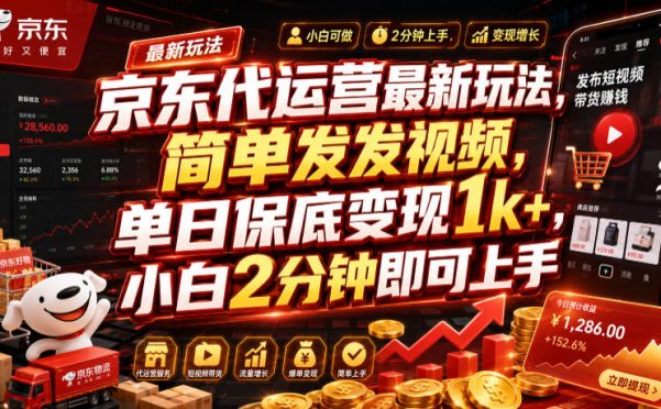 京东代运营最新玩法,简单发发视频,单日保底变现1k+,小白2分钟即可上手【揭秘】