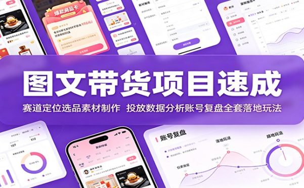 图文带货项目速成:赛道定位选品素材制作,投放数据分析账号复盘全套落地玩法