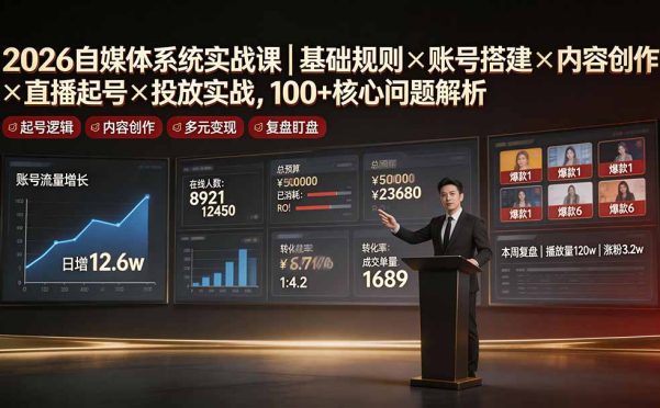 2026自媒体系统实战课|基础规则×账号搭建×内容创作×直播起号×投放实战,100+核心问题解析