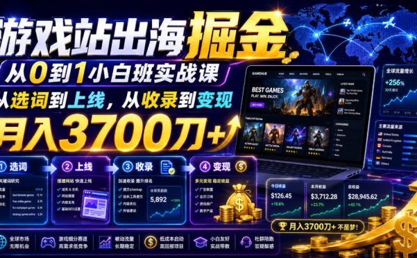 游戏站出海掘金从0到1小白实战课,从选词到上线,从收录到变现,月入3700刀+