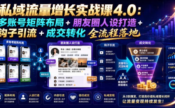 私域流量增长实战课4.0:多账号矩阵布局+朋友圈人设打造+钩子引流+成交转化全流程落地